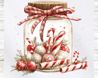 May include: A glass jar with a red and white ribbon tied around the lid, filled with candy canes and white marshmallows. The jar is sitting on a white wooden surface.