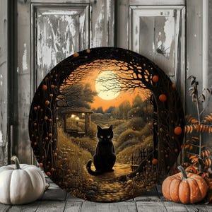 Halloween Wreath Sign - Halloween Cat Wreath Sign - Halloween Scene Metal Sign - Signs for Wreaths - Dark Scene Sign - Sign - Wreath Making
