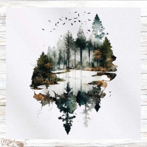 Puede incluir: Una pintura de acuarela de una escena de bosque con un lago que refleja los árboles. Los árboles son de un verde oscuro y el lago es de un azul claro. La pintura está rodeada por un borde blanco.