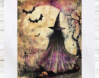 May include: A watercolour illustration shows a witch in a long purple cloak and hat, viewed from behind. Bats fly in front of a full moon. Pumpkins and a bare tree are in the foreground, creating a spooky Halloween scene.