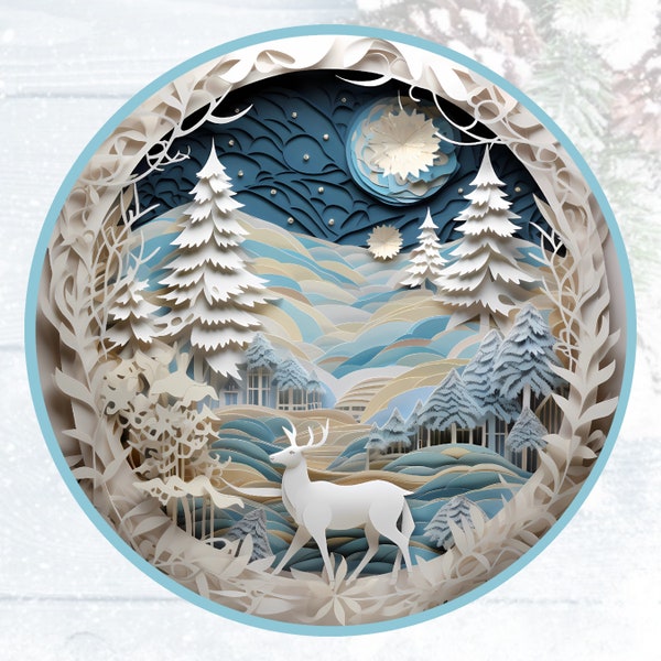 Christmas Wreath Sign - Christmas Sign - Light Blue and White Round Wreath Sign - 3D Winter Scene Metal Sign -Signs for Wreaths-UV Protected