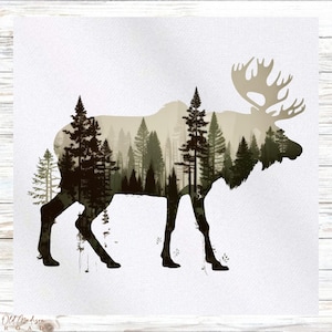 May include: A silhouette of a moose with a forest scene inside its body. The moose is brown and the forest is green and brown. The background is a white woodgrain texture.