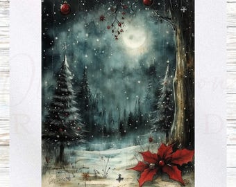 May include: A winter landscape painting featuring a snowy forest scene under a full moon. The artwork includes evergreen trees, falling snowflakes, and a vibrant red poinsettia in the foreground. Red ornaments hang from the branches, adding a festive touch to the winter scene.