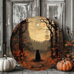 Wreath Sign - Halloween Wreath Sign - Halloween Cat Wreath Sign - Halloween Scene Metal Sign - Signs for Wreaths - Dark Scene Sign - Sign
