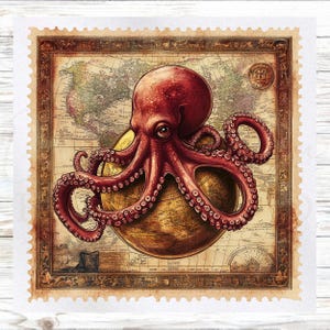 May include: A vintage-style print featuring a red octopus atop a globe, set against a backdrop of an antique map. The image is framed within a postage stamp border, showcasing a detailed illustration with a classic aesthetic.