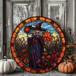 Wreath Sign - Halloween Wreath Sign - Witch Wreath Sign - Halloween Scene Metal Sign - Signs for Wreaths - Stained Glass Look Sign