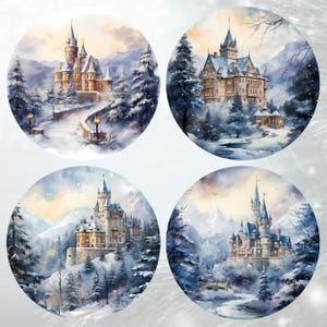 Set of 4 Winter Castles Christmas Ornament - Castles Christmas Ornament - Watercolor Ornament - Winter Scene Ornament - Printed Ornaments