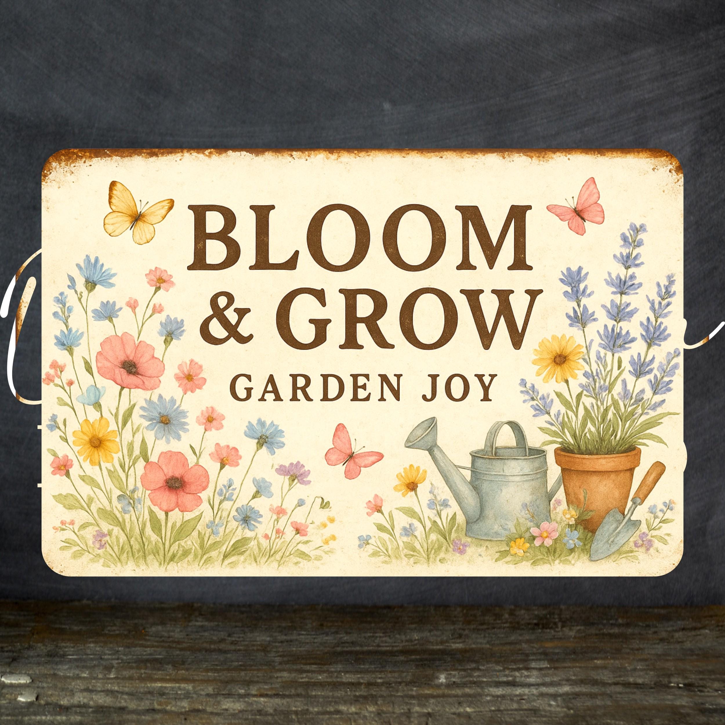 Grow. Sign Color Garden Sign - Vintage Look Sign - Bloom & Grow Sign - Garden Joy Metal ...