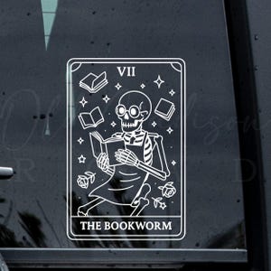 The Bookworm Tarot Card Decal - Skeleton Sticker - Skeleton Vinyl Decal - Window Decal - Holographic Decal - Tarot Card