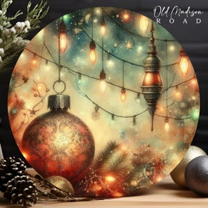 Christmas Ornament Sign - Vintage Christmas Scene Sign - Watercolor Look Wreath Sign - 3D Look Christmas Metal Sign -Signs for Wreaths