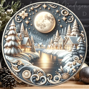 May include: A circular decorative plaque featuring a relief winter landscape with a full moon, snow-covered pine trees, and illuminated houses along a river. The border is adorned with intricate scrollwork, stars, and spheres in blue and gold.