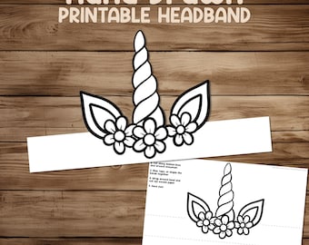 Unicorn Flower Crown Coloring Page - Printable Kids Paper Headband Hat - Preschool Craft Activity Page