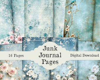 Blue Shabby Chic Printable Junk Journal Pages, Vintage Floral Writing Paper, Roses and Flowers  Junk Journal Kit Sheets, Journal Paper Set
