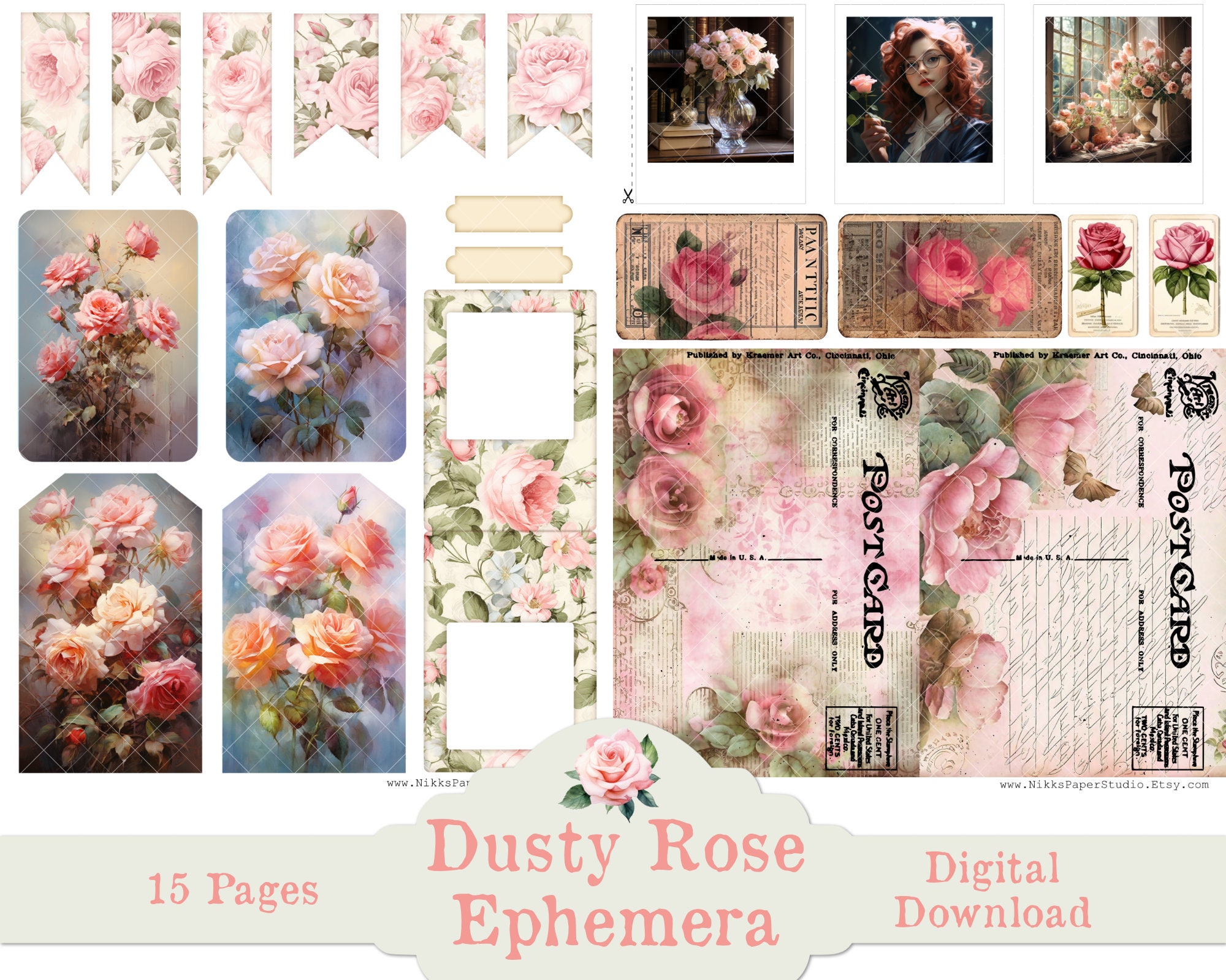 Vintage Rose Junk Journal Printable Ephemera Kit Fussy Cut Download ...