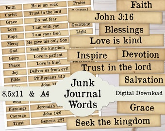 Christian Junk Journal Printable Inspirational Words, Fussy Cut Download Bible Verse Quote Religious DIY Phrases Sentiments, Vintage Labels