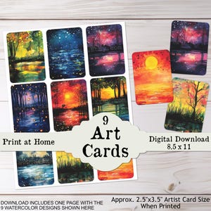 May include: Nine printable art cards featuring watercolor paintings of landscapes with water, trees, and sunsets. The cards are designed to be printed at home and measure approximately 2.5 inches by 3.5 inches when printed.
