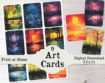 Night Sunset Art Cards Set Printable Junk Journal Ephemera Mini Watercolor Paintings Fussy Hand Cut & Cutting Machine Kit Download ATC ACEO