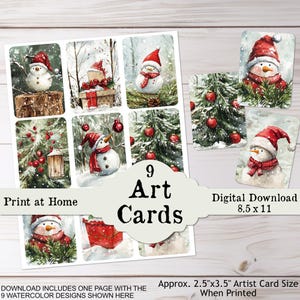 May include: Nine printable Christmas art cards featuring watercolor illustrations of snowmen, pine trees, and red ornaments. The cards are designed to be printed at home and measure approximately 2.5 inches by 3.5 inches when printed.
