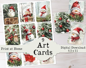 Christmas Art Cards Set Printable Junk Journal Ephemera Mini Watercolors Fussy Hand Cut & Print and Cut Cutting Machine Download ATC ACEO