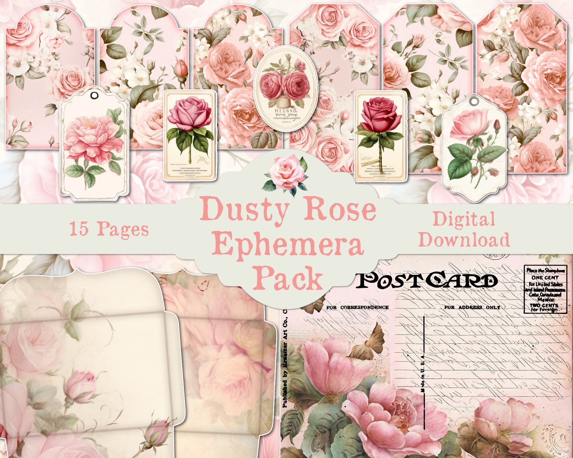 Vintage Rose Junk Journal Printable Ephemera Kit Fussy Cut Download ...