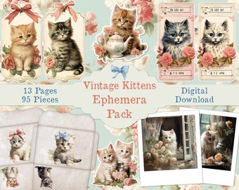 Vintage Kittens Junk Journal Printable Ephemera Kit Fussy Cut Download Embellishment Pack, Tags Pockets Labels ATCs Stationery Envelopes