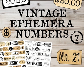 Junk Journal Printable Numbers Ephemera Page, Fussy Cut Download Embellishment Pack Typewriter Style Vintage Labels Tags and Tickets
