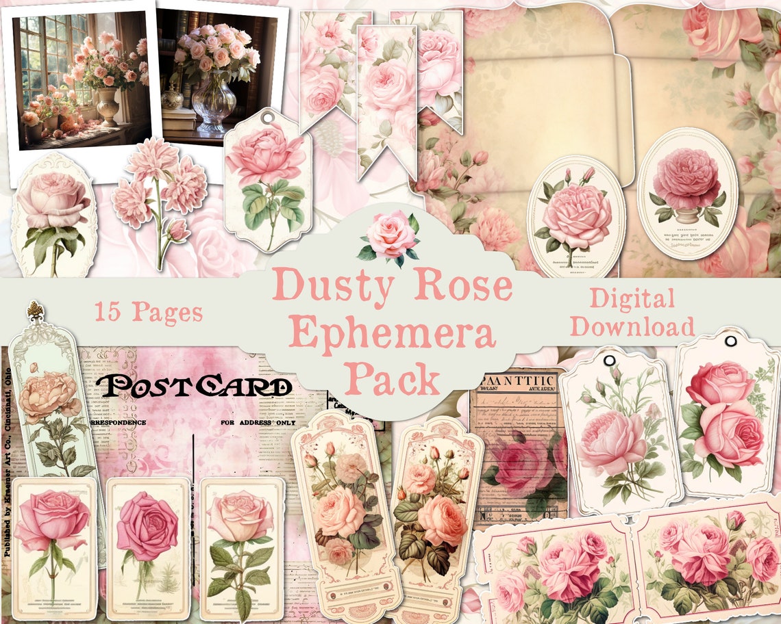 Vintage Rose Junk Journal Printable Ephemera Kit Fussy Cut Download ...