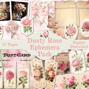 Vintage Rose Junk Journal Printable Ephemera Kit Fussy Cut Download Embellishment Pack Tags Tickets Pockets Labels ATCs Stationery Envelopes