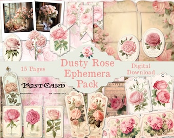 Vintage Rose Junk Journal Printable Ephemera Kit Fussy Cut Download Embellishment Pack Tags Tickets Pockets Labels ATCs Stationery Envelopes