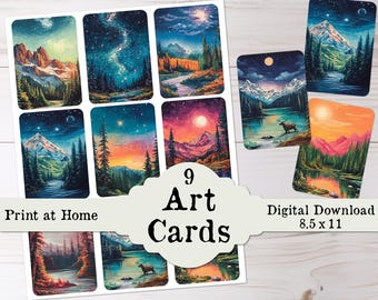 Starry Evening Art Cards Set Printable Junk Journal Ephemera Mini Watercolor Paintings Fussy Hand Cut & Cutting Machine Kit Download ATC