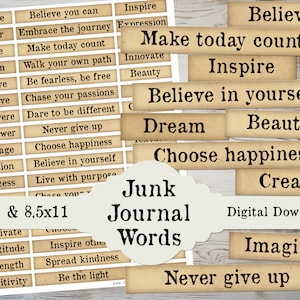 Inspirational Junk Journal Printable Words, Fussy Cut Download Embellishment Pack Typewriter Words and Phrases Sentiments, Vintage Labels
