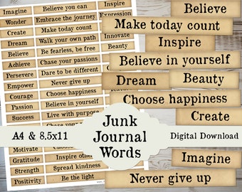Junk Journal Printable Inspirational Words, Fussy Cut Download Embellishment Pack Typewriter Words and Phrases Sentiments, Vintage Labels