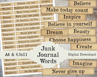 Junk Journal Printable Inspirational Words, Fussy Cut Download Embellishment Pack Typewriter Words and Phrases Sentiments, Vintage Labels