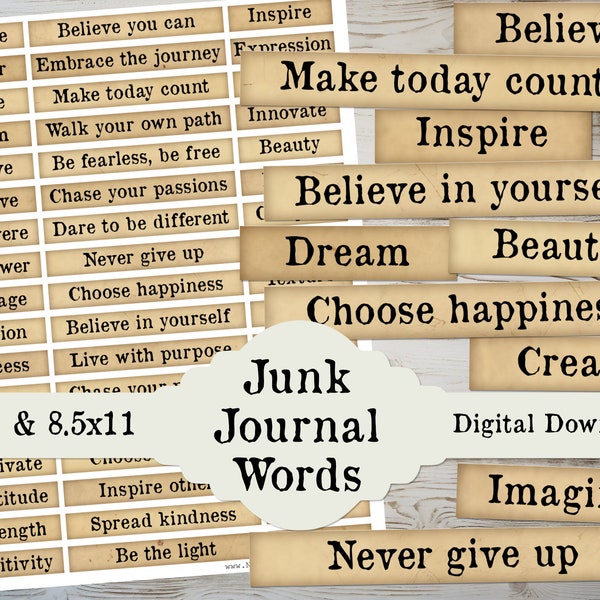 Junk Journal Printable Inspirational Words, Fussy Cut Download Embellishment Pack Typewriter Words and Phrases Sentiments, Vintage Labels