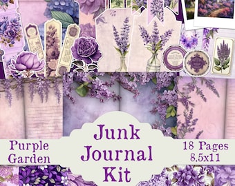 Purple Garden Floral Junk Journal Printable Ephemera Kit, Fussy Cut Download Embellishment Pack, Journal Pages, Stationery Paper, Envelopes