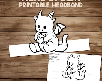 Dragon Holding a Strawberry Coloring Crown - Printable Kids Paper Headband Hat - Preschool Craft Activity Page