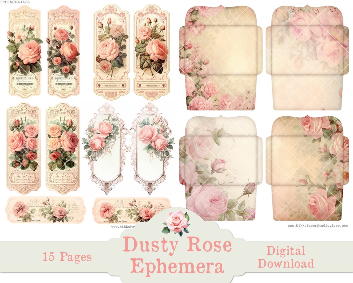 Vintage Rose Junk Journal Printable Ephemera Kit Fussy Cut Download ...
