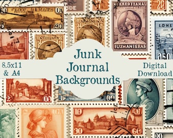 Vintage Stamps Mail Postage Junk Journal Ephemera Paper Pages Travel Postal Printable Background Post Office Stamp Collage Sheet Set
