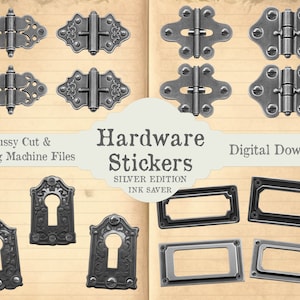 Ink Saver Silver Hardware Stickers Printable Junk Journal Ephemera Hinges and Keyholes Fussy Cut & Print and Cut Cutting Machine Download