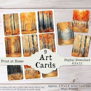 May include: Nine printable art cards featuring watercolor paintings of autumnal forests. The cards are 2.5 inches by 3.5 inches when printed. The digital download is 8.5 inches by 11 inches.