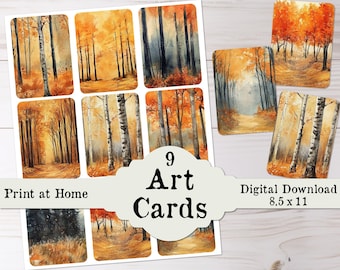 Autumn Art Cards Set Printable Junk Journal Ephemera Mini Fall Watercolors Fussy Hand Cut & Print and Cut Cutting Machine Download ATC ACEO