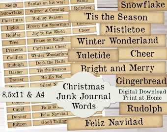 Christmas Junk Journal Printable Inspirational Words, Fussy Cut Download Holiday Embellishment Pack Typewriter Words Phrases and Sentiments