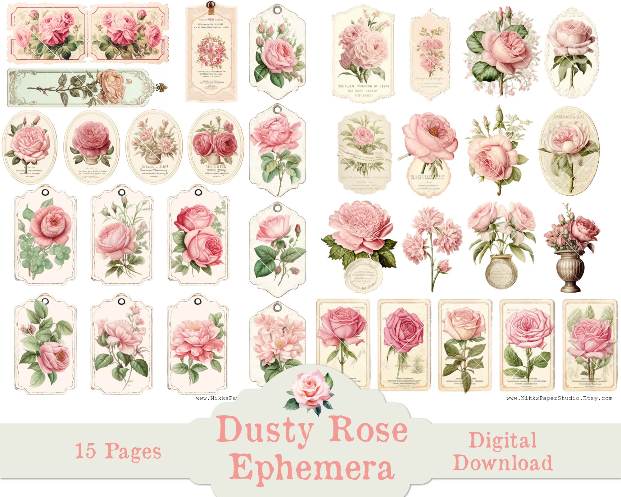 Vintage Rose Junk Journal Printable Ephemera Kit Fussy Cut Download ...
