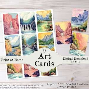 Ensemble de paysages de cartes d'art Journal imprimable indésirable, Mini peintures aquarelles éphémères, difficiles à couper à la main, Kit d'impression et de découpe à télécharger ATC ACEO