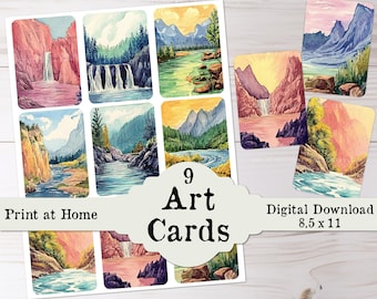 Art Card Landscapes Set Printable Junk Journal Ephemera Mini Watercolor Paintings Fussy Hand Cut & Print and Cut Kit Download ATC ACEO