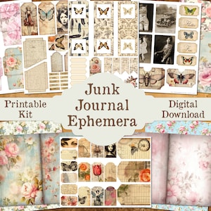 Kit de efímeras imprimible de diario basura, paquete de adornos de descarga de corte fussy con rosas vintage, mariposas, flores de hadas, etiquetas de páginas