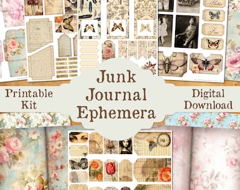 Junk Journal Printable Ephemera Kit, Fussy Cut Download Embellishment Pack with Vintage Roses Butterflies Fairies Flowers, Pages Tags Labels