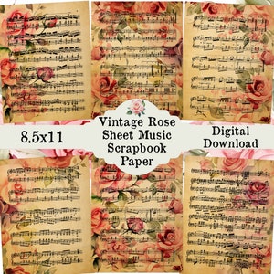 Vintage Rose Sheet Music Printable Scrapbook Paper, Digital Print at Home Floral Roses Digital Paper Collage Junk Journal Scrapbooking Page