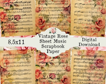 Vintage Rose Sheet Music Printable Scrapbook Paper, Digital Print at Home Floral Roses Digital Paper Collage Junk Journal Scrapbooking Page