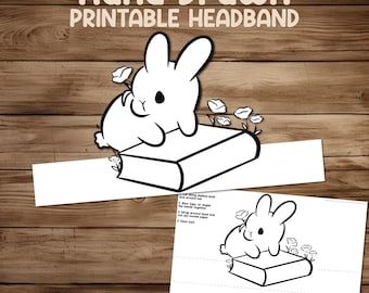 Book Bunny Flower Coloring Crown - Printable Kids Paper Headband Hat - Preschool Craft Activity Page